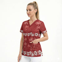 Red Hawaii Palm Tree Hibiscus Scrub Top Fantasy Summer Vibe LT01 - Polynesian Pride