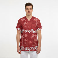 Red Hawaii Palm Tree Hibiscus Scrub Top Fantasy Summer Vibe LT01 - Polynesian Pride