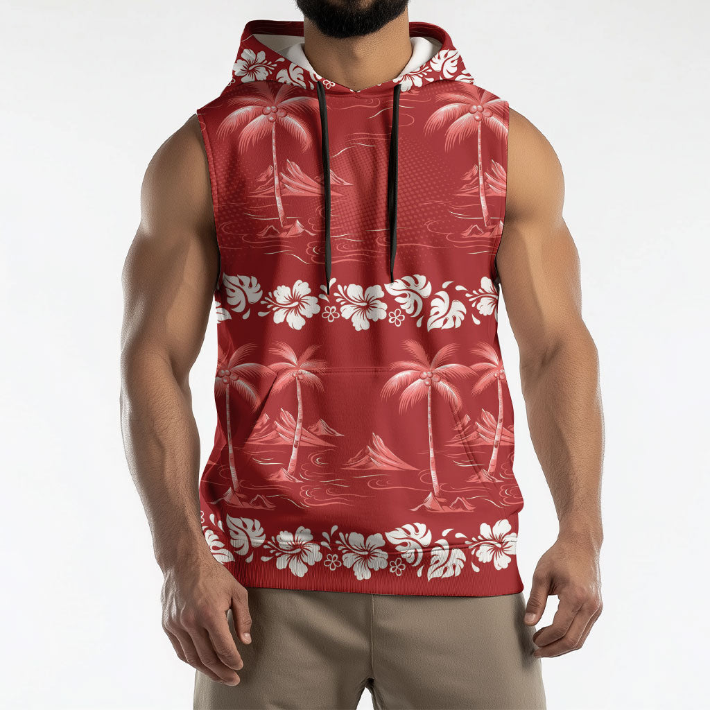 Red Hawaii Palm Tree Hibiscus Sleeveless Hoodie Fantasy Summer Vibe LT01 - Polynesian Pride
