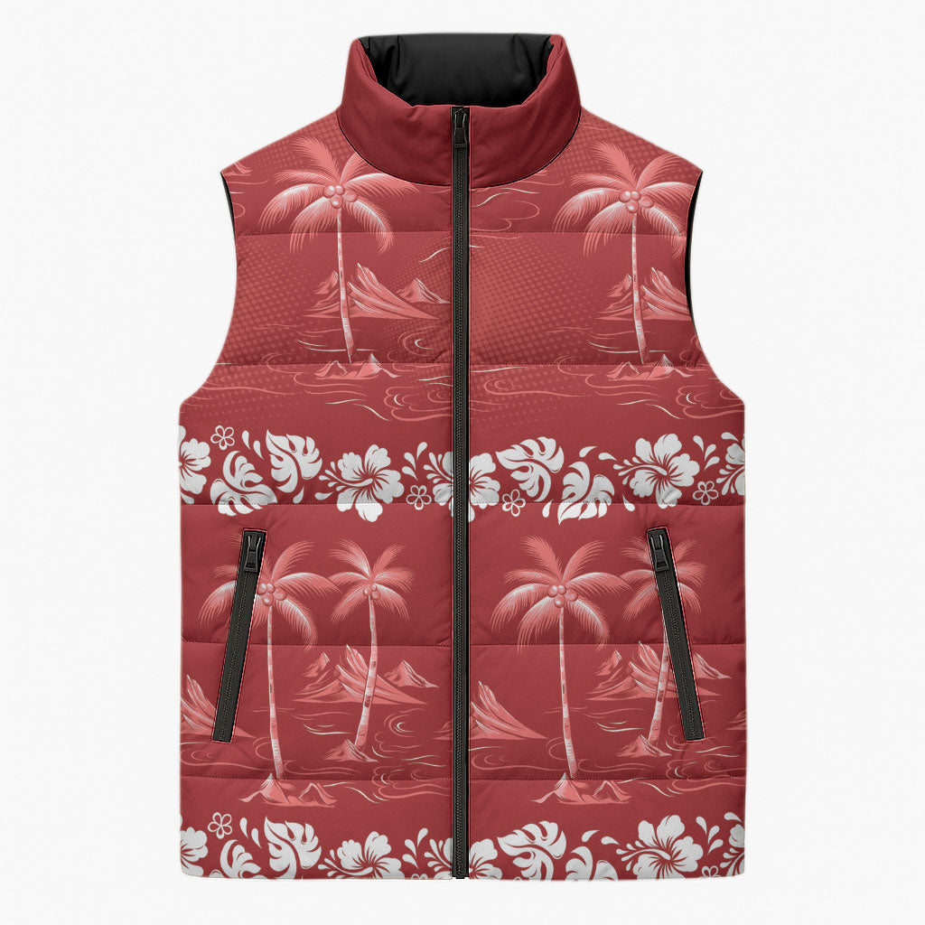 Red Hawaii Palm Tree Hibiscus Sleeveless Puffer Jacket Fantasy Summer Vibe LT01 Unisex Red - Polynesian Pride