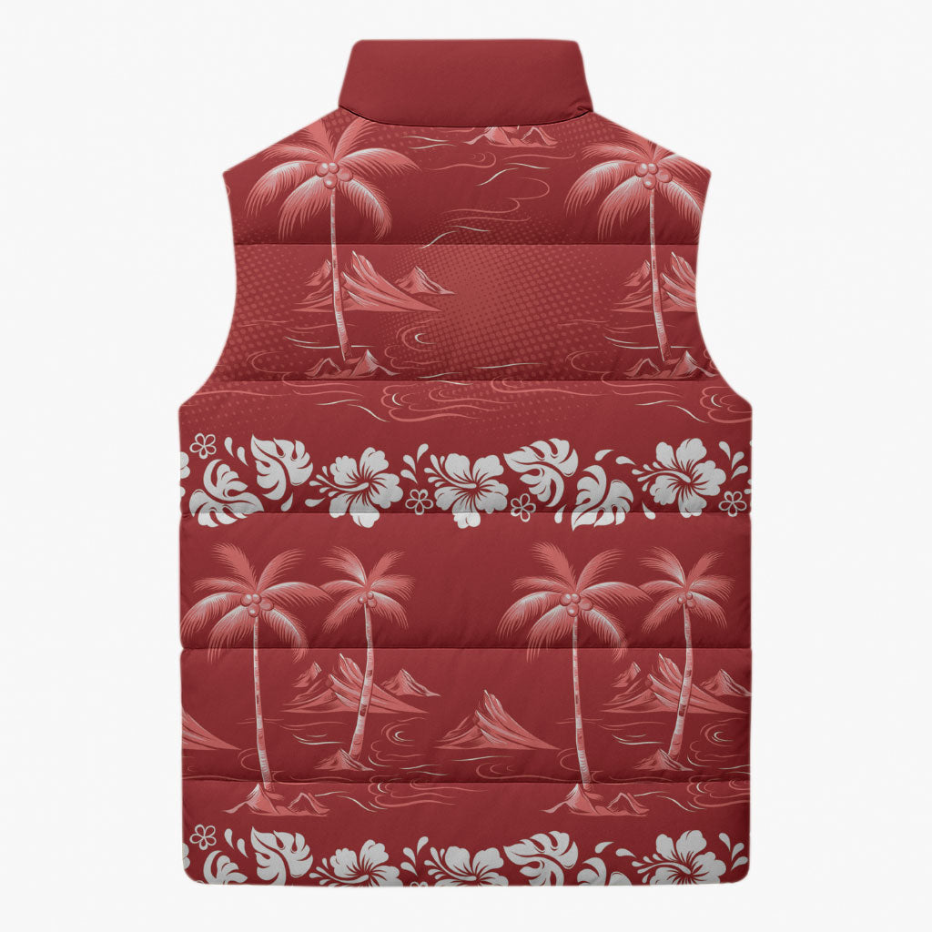Red Hawaii Palm Tree Hibiscus Sleeveless Puffer Jacket Fantasy Summer Vibe LT01 - Polynesian Pride