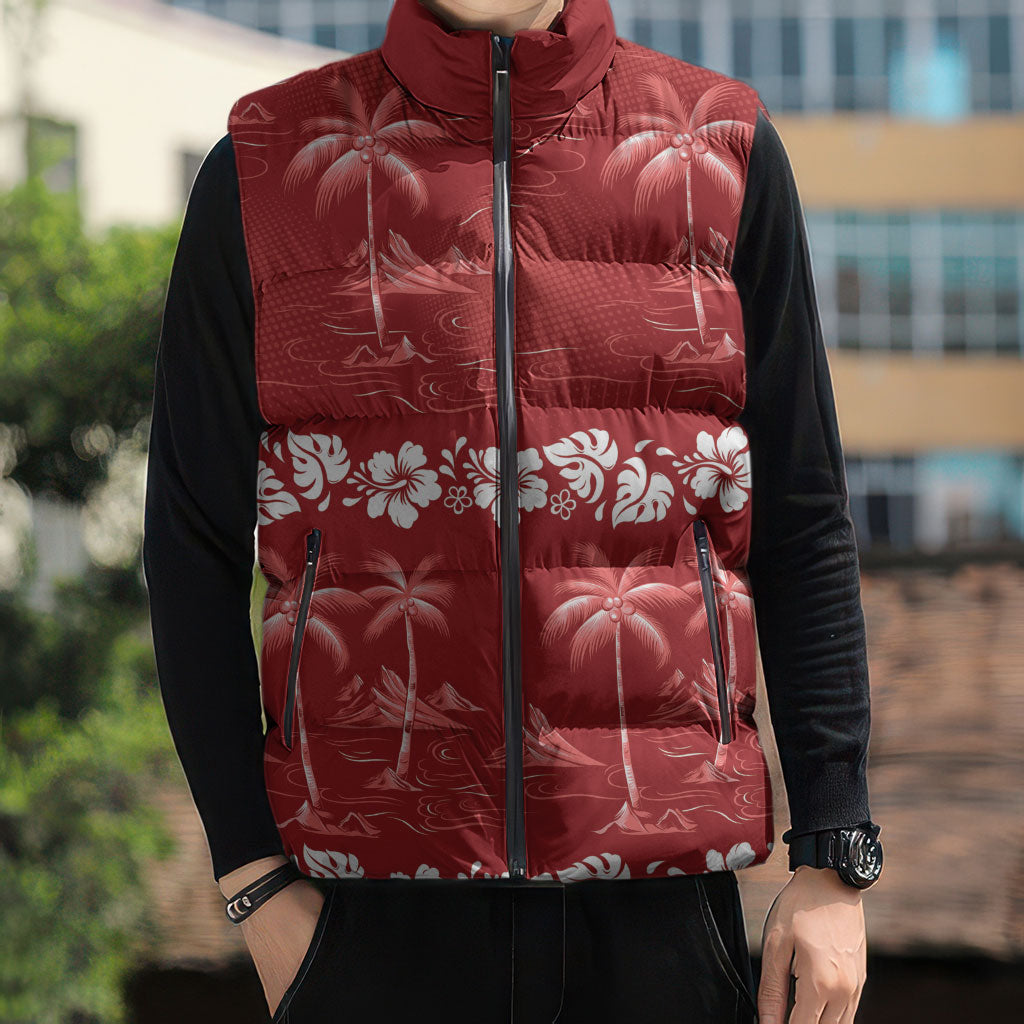 Red Hawaii Palm Tree Hibiscus Sleeveless Puffer Jacket Fantasy Summer Vibe LT01 - Polynesian Pride