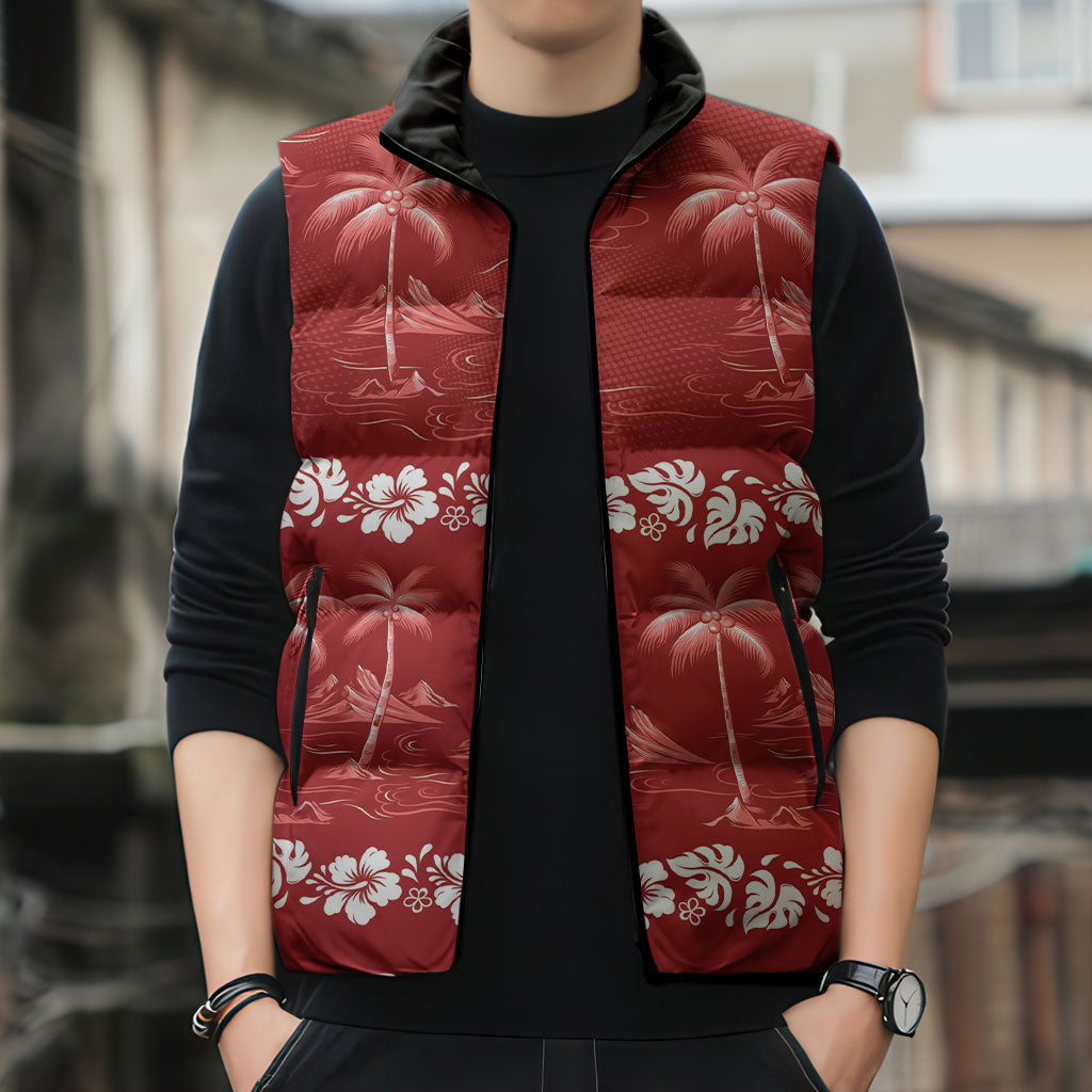 Red Hawaii Palm Tree Hibiscus Sleeveless Puffer Jacket Fantasy Summer Vibe LT01 - Polynesian Pride