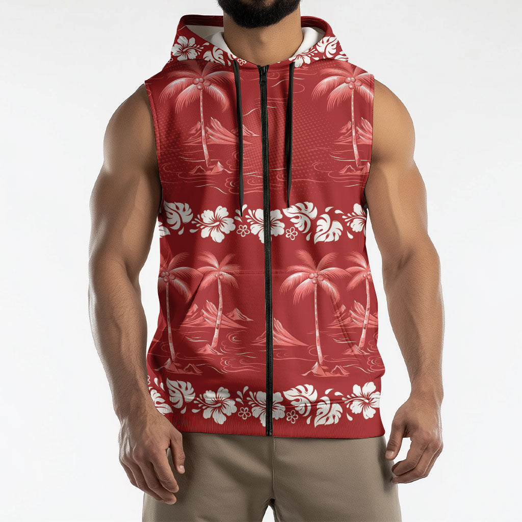 Red Hawaii Palm Tree Hibiscus Sleeveless Zip Hoodie Fantasy Summer Vibe