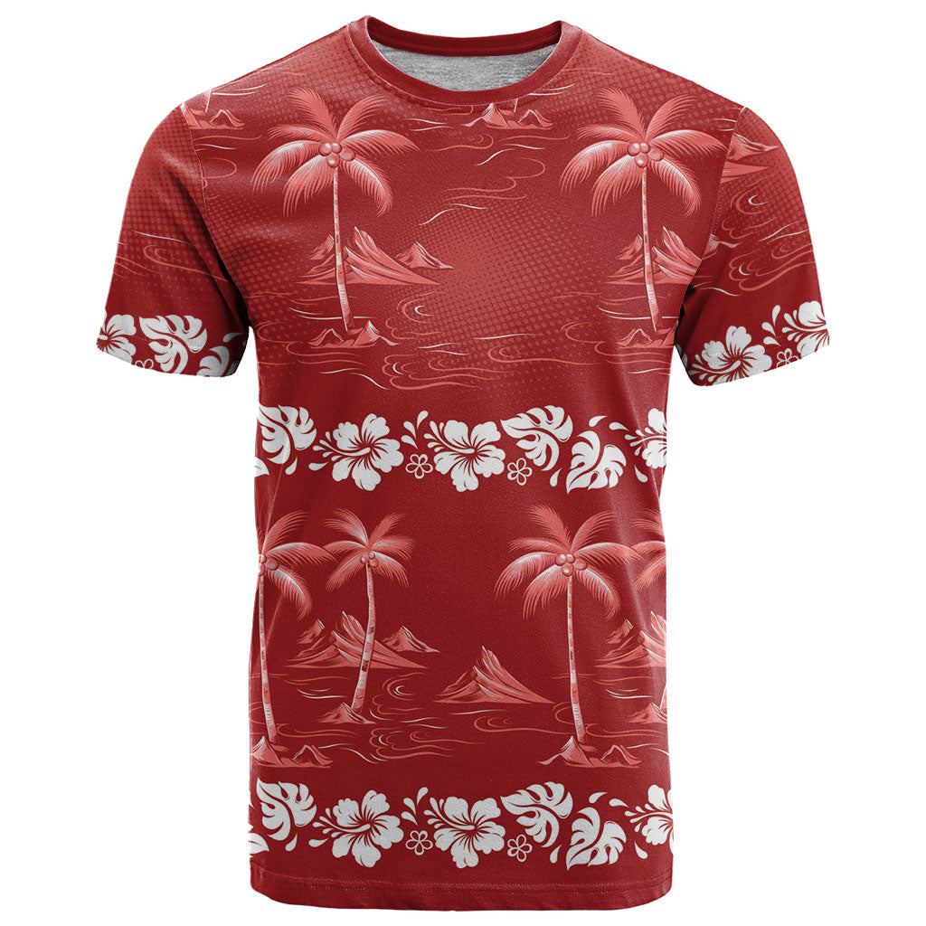 Red Hawaii Palm Tree Hibiscus T Shirt Fantasy Summer Vibe