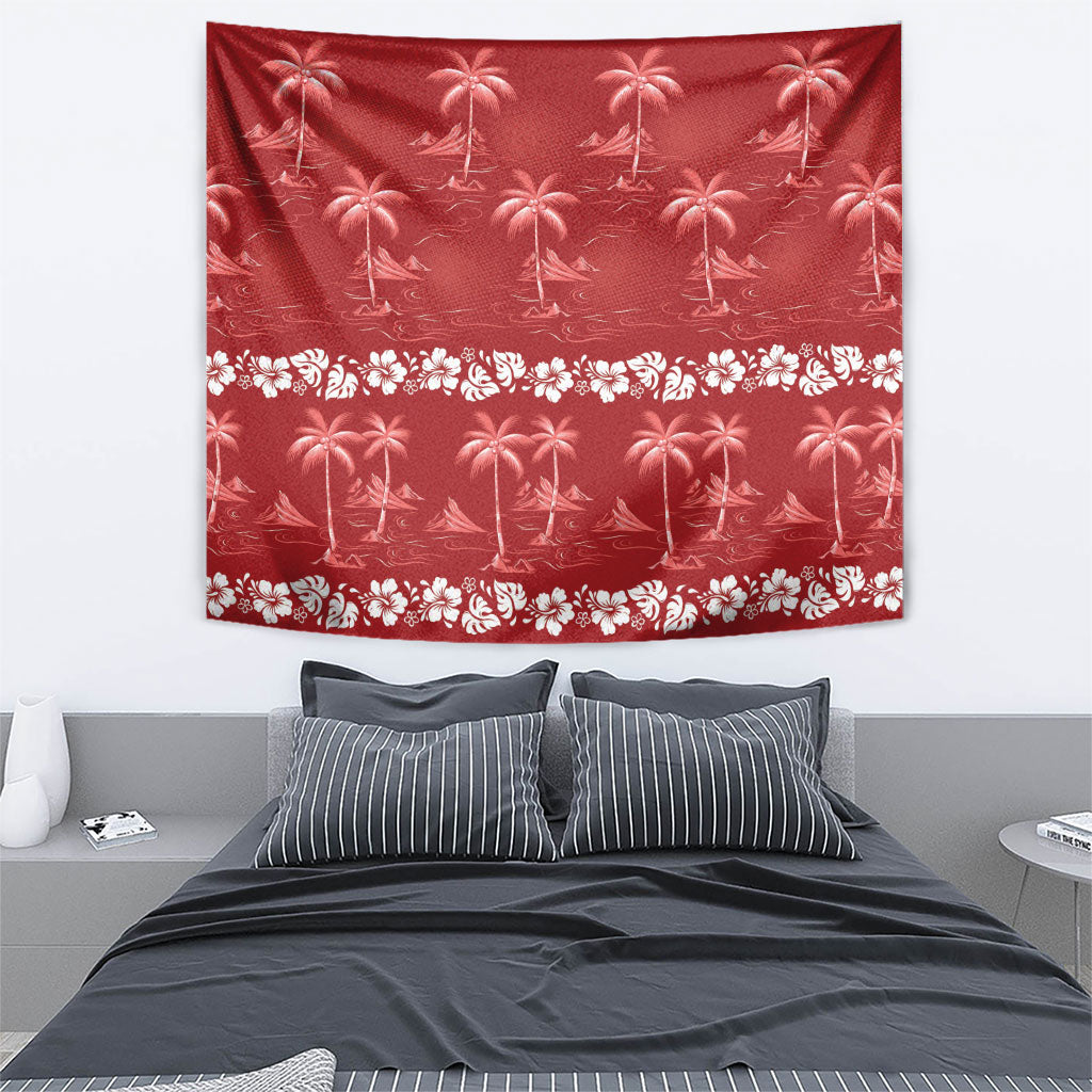 Red Hawaii Palm Tree Hibiscus Tapestry Fantasy Summer Vibe