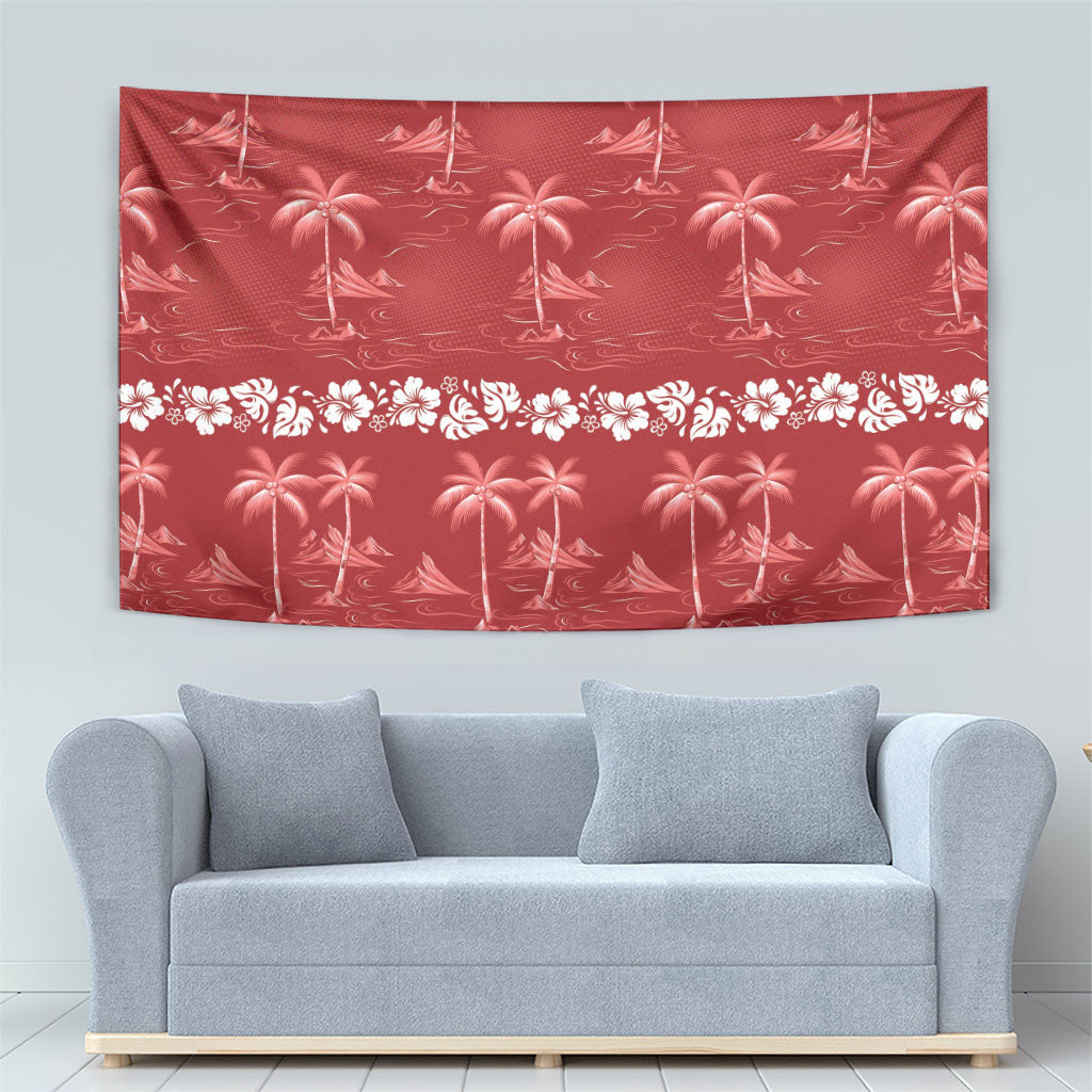 Red Hawaii Palm Tree Hibiscus Tapestry Fantasy Summer Vibe