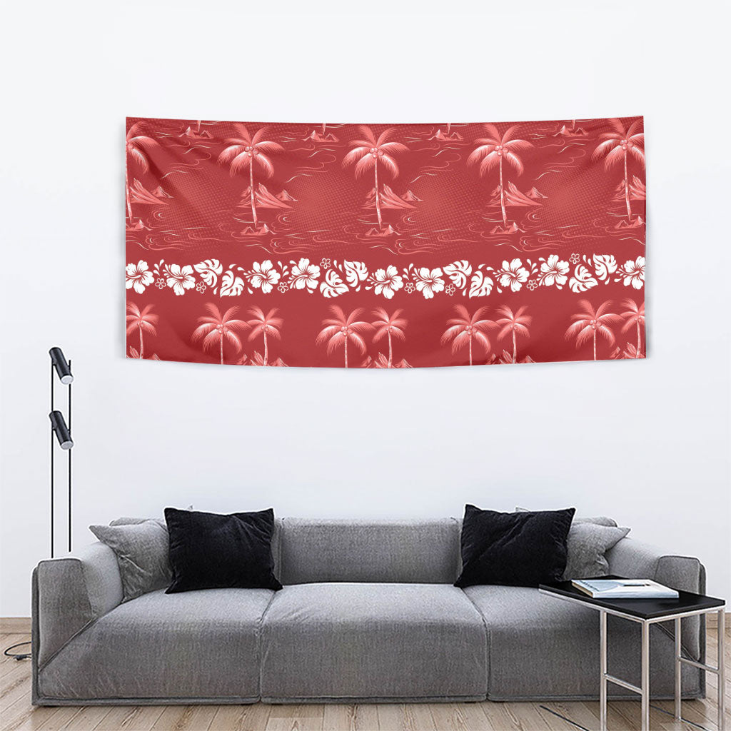 Red Hawaii Palm Tree Hibiscus Tapestry Fantasy Summer Vibe