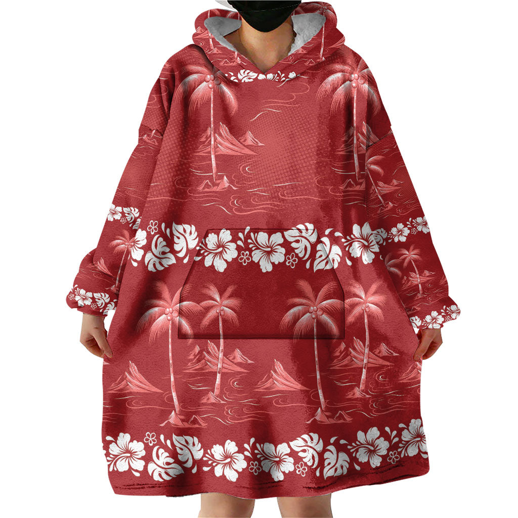 Red Hawaii Palm Tree Hibiscus Wearable Blanket Hoodie Fantasy Summer Vibe