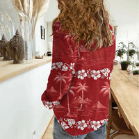 Red Hawaii Palm Tree Hibiscus Women Casual Shirt Fantasy Summer Vibe