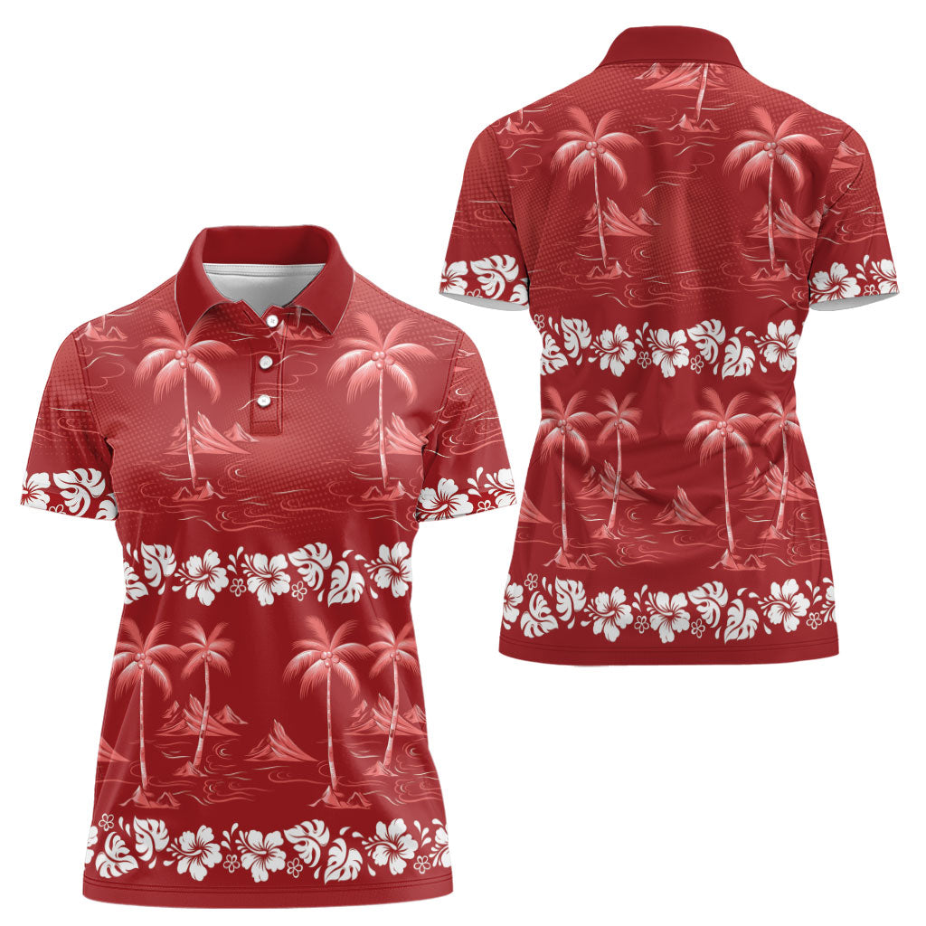 Red Hawaii Palm Tree Hibiscus Women Polo Shirt Fantasy Summer Vibe LT01 - Polynesian Pride