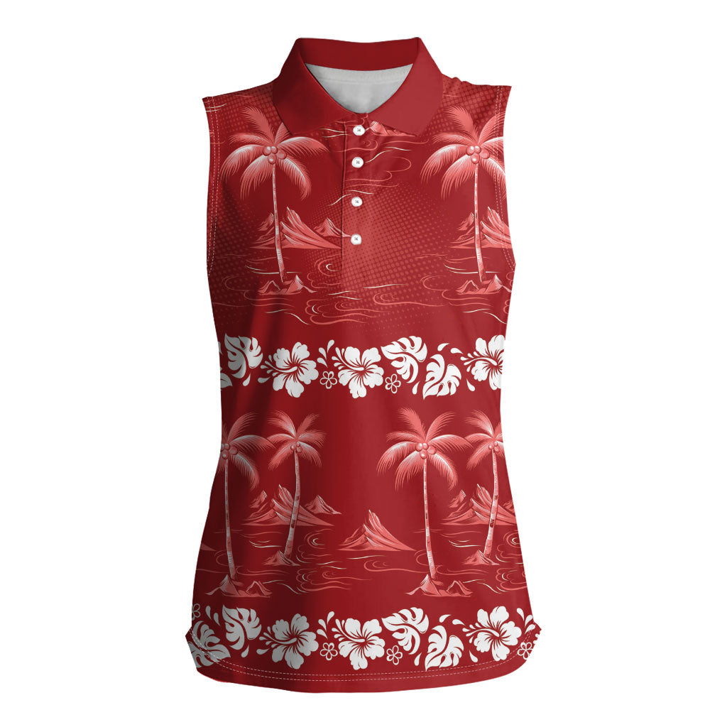 Red Hawaii Palm Tree Hibiscus Women Sleeveless Polo Shirt Fantasy Summer Vibe LT01 Female Red - Polynesian Pride