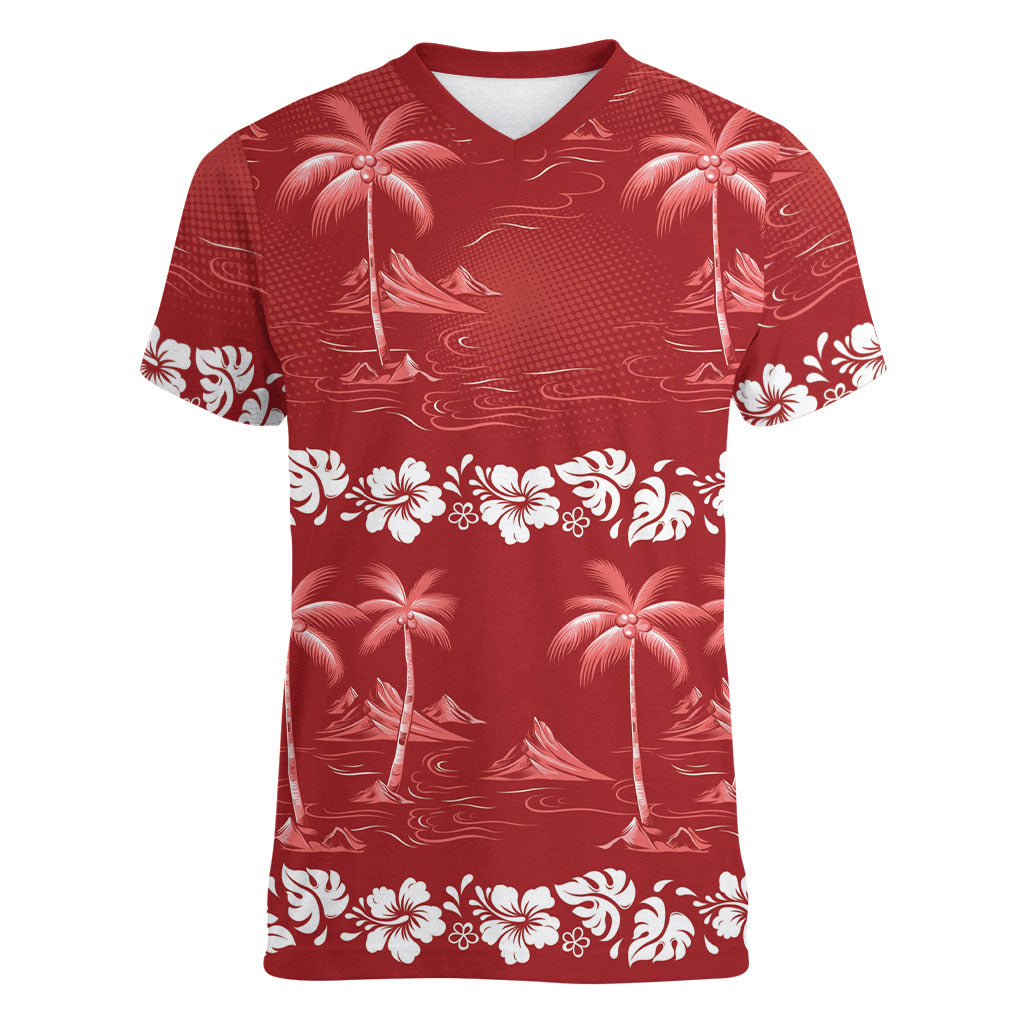 Red Hawaii Palm Tree Hibiscus Women V-Neck T-Shirt Fantasy Summer Vibe LT01 Female Red - Polynesian Pride