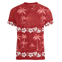 Red Hawaii Palm Tree Hibiscus Women V-Neck T-Shirt Fantasy Summer Vibe LT01 - Polynesian Pride