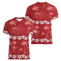 Red Hawaii Palm Tree Hibiscus Women V-Neck T-Shirt Fantasy Summer Vibe LT01 - Polynesian Pride