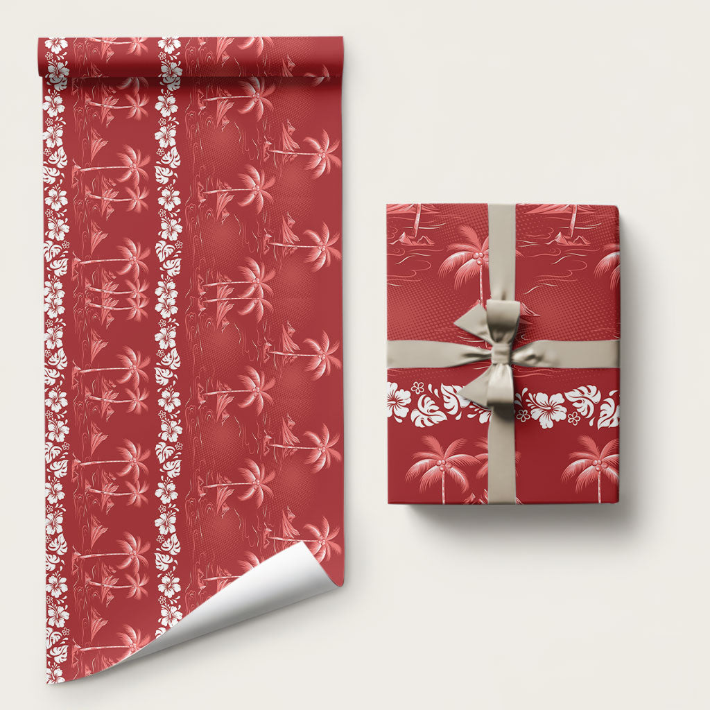 Red Hawaii Palm Tree Hibiscus Wrapping Paper Fantasy Summer Vibe