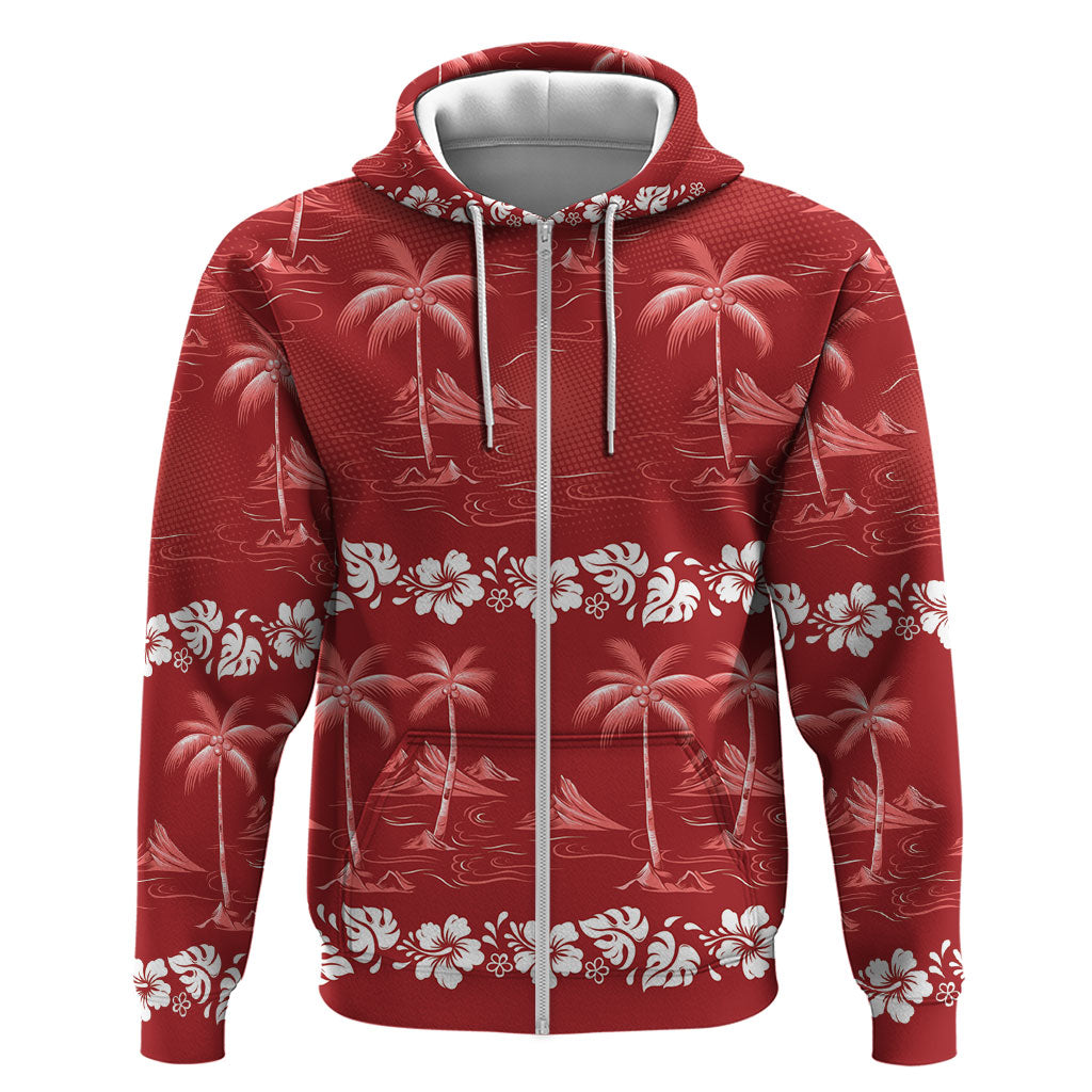 Red Hawaii Palm Tree Hibiscus Zip Hoodie Fantasy Summer Vibe LT01 Zip Hoodie Red - Polynesian Pride