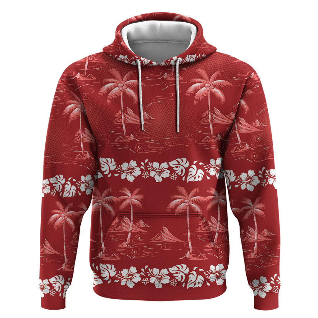 Red Hawaii Palm Tree Hibiscus Zip Hoodie Fantasy Summer Vibe LT01 Pullover Hoodie Red - Polynesian Pride