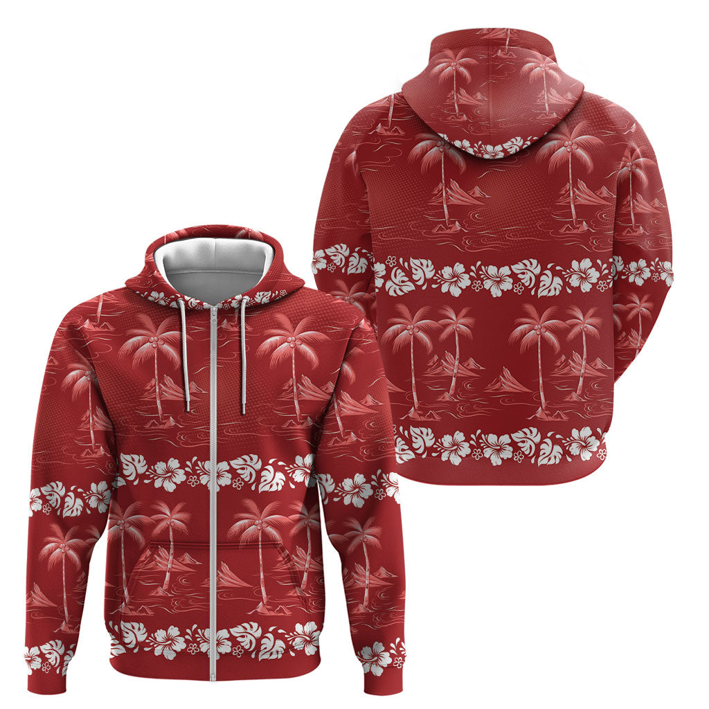 Red Hawaii Palm Tree Hibiscus Zip Hoodie Fantasy Summer Vibe LT01 - Polynesian Pride