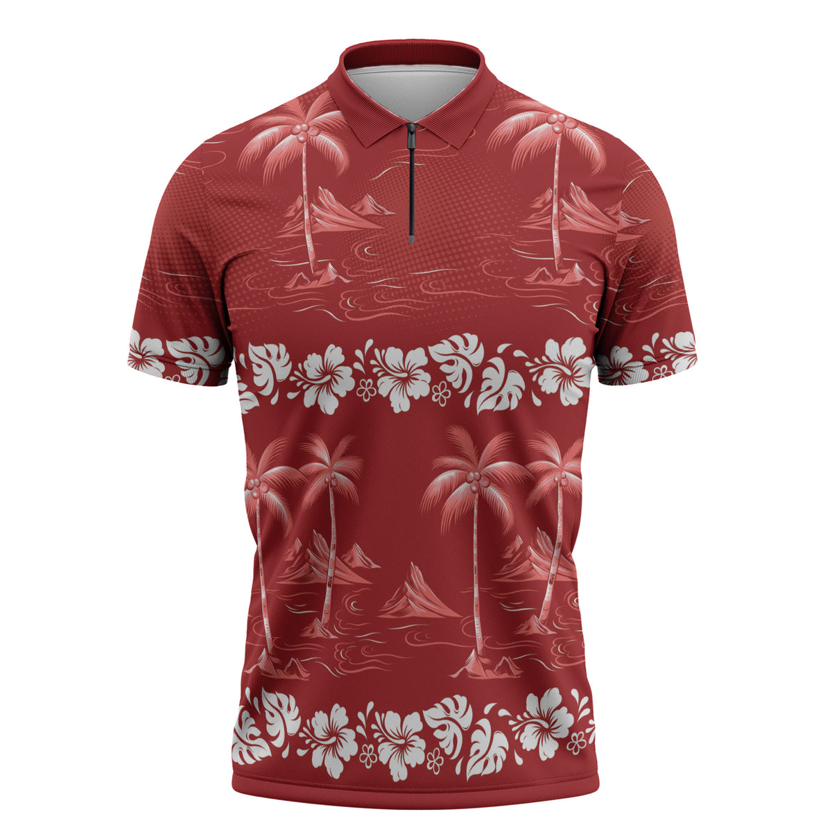 Red Hawaii Palm Tree Hibiscus Zipper Polo Shirt Fantasy Summer Vibe