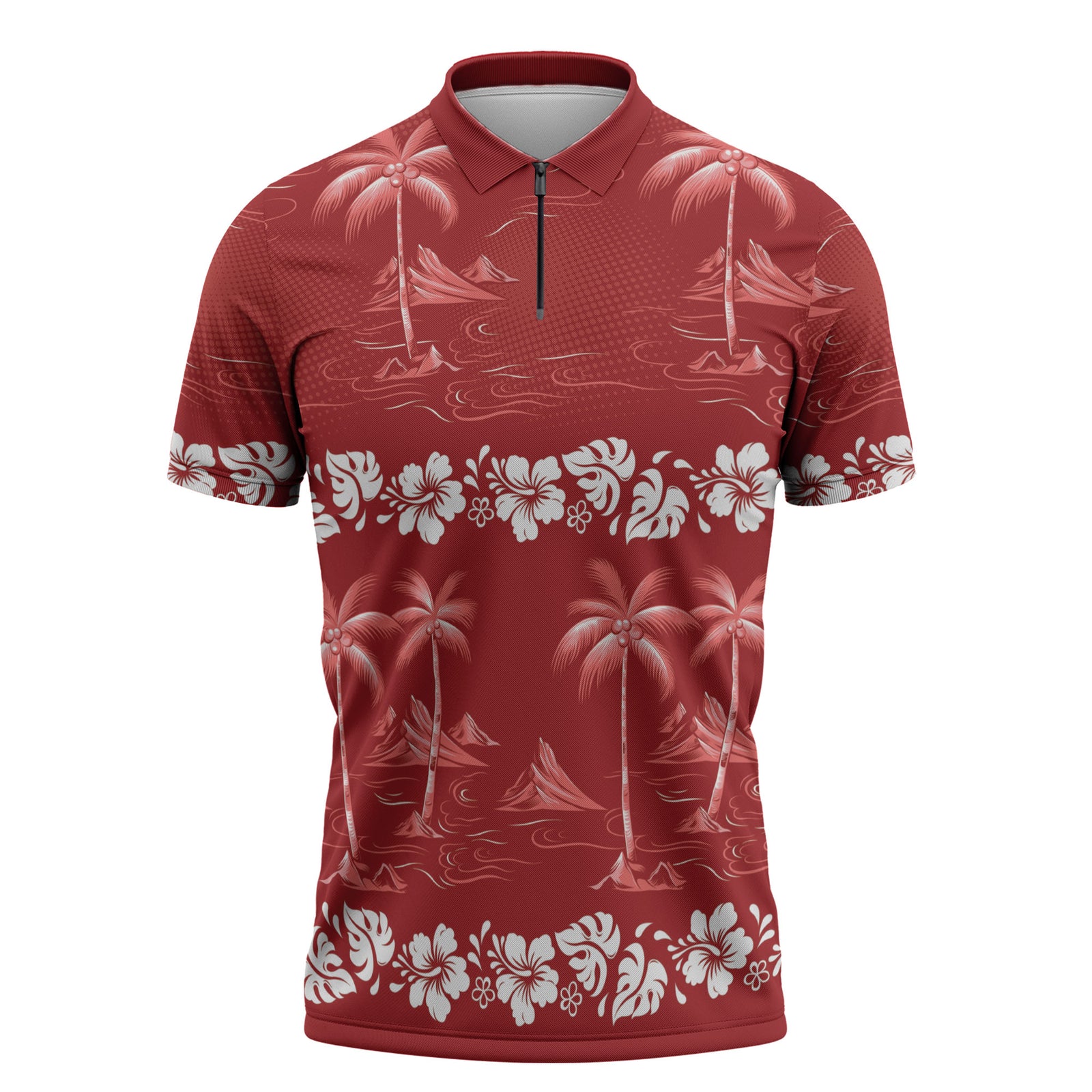 Red Hawaii Palm Tree Hibiscus Zipper Polo Shirt Fantasy Summer Vibe