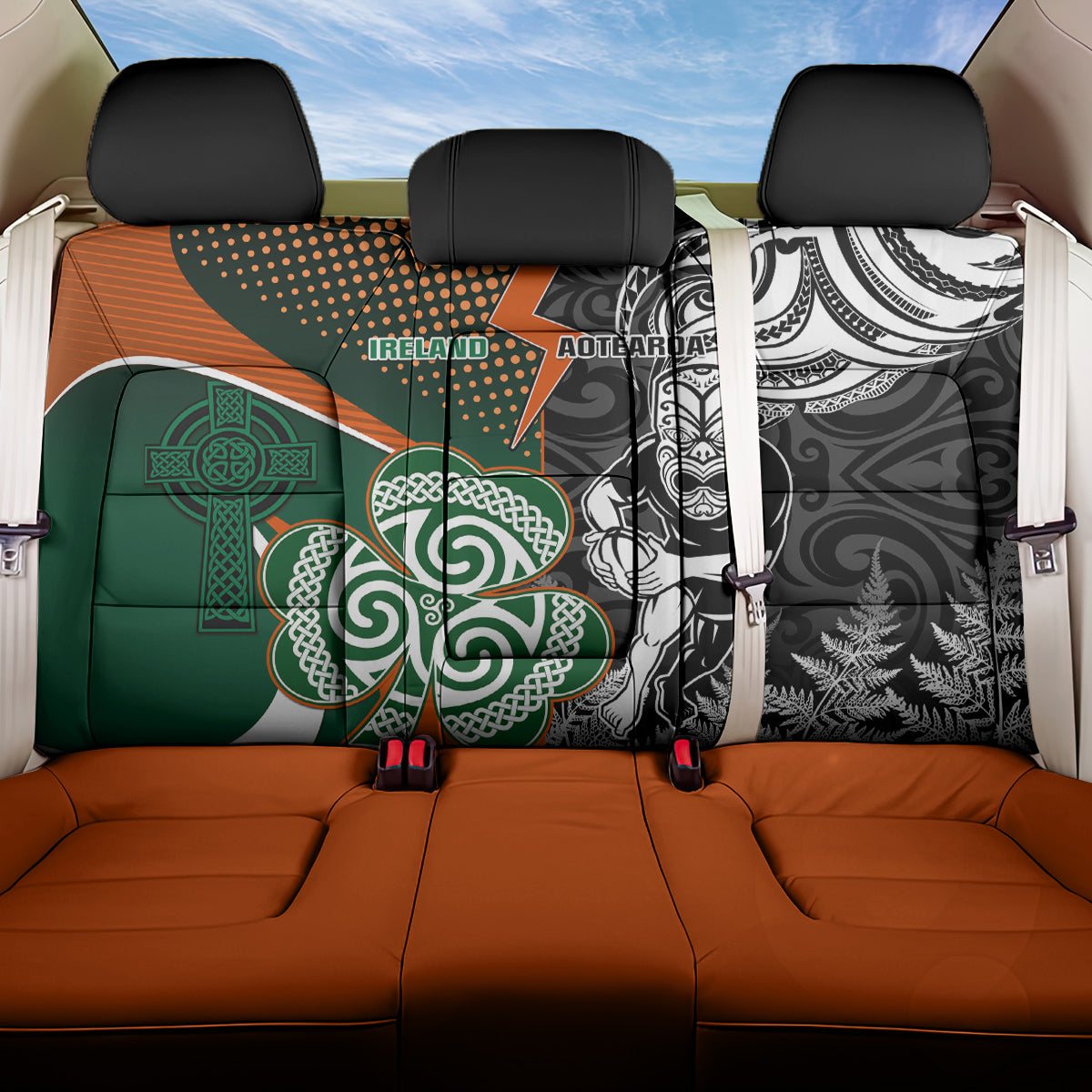 New Zealand and Ireland Rugby Back Car Seat Cover Silver Fern With Shamrock 2023 World Cup LT01 One Size Art - Polynesian Pride