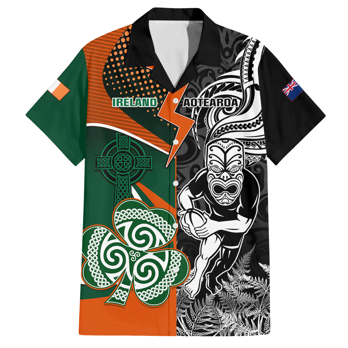 New Zealand and Ireland Rugby Family Matching Long Sleeve Bodycon Dress and Hawaiian Shirt Silver Fern With Shamrock 2023 World Cup LT01 Dad's Shirt - Short Sleeve Art - Polynesian Pride