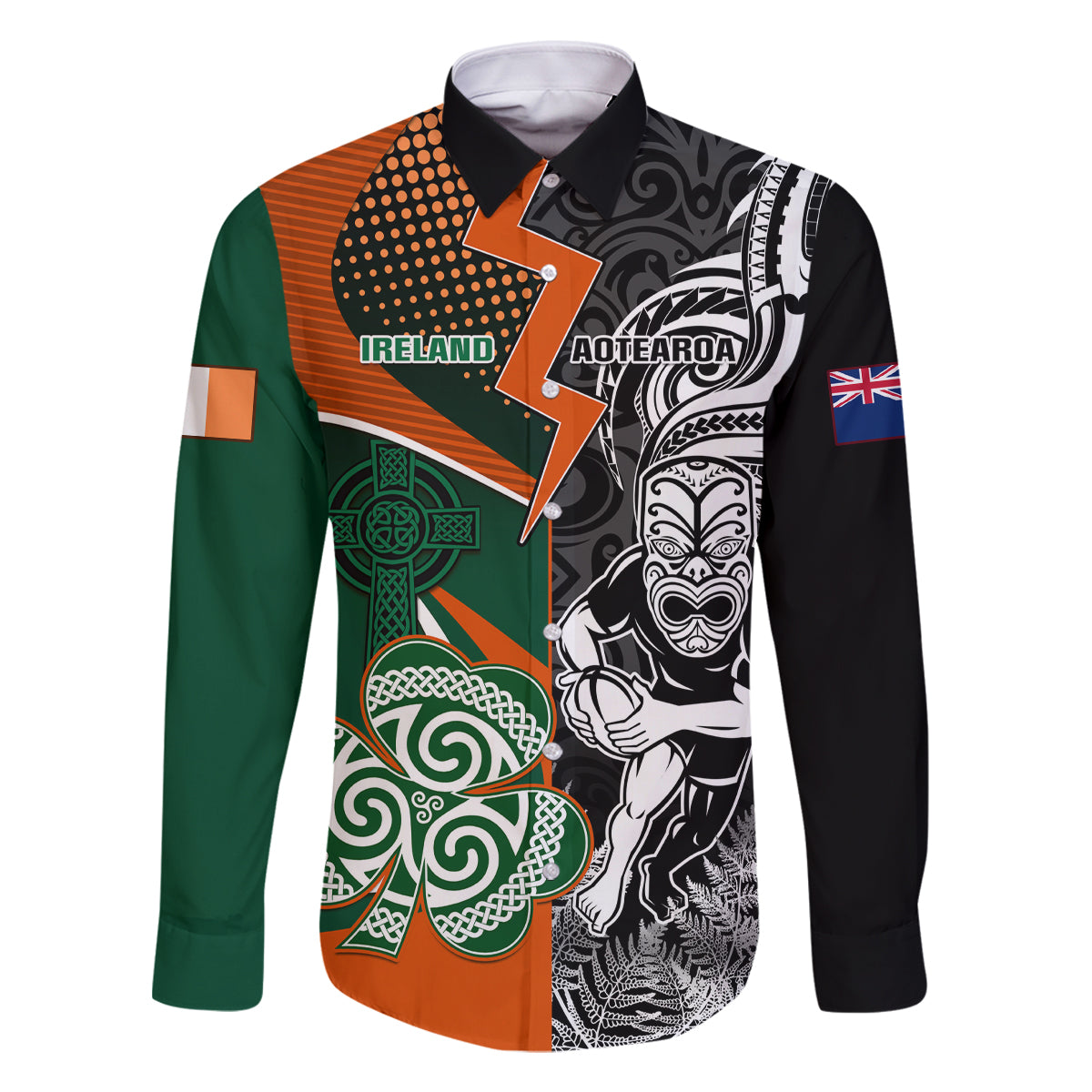 New Zealand and Ireland Rugby Family Matching Off Shoulder Maxi Dress and Hawaiian Shirt Silver Fern With Shamrock 2023 World Cup LT01 Dad's Shirt - Long Sleeve Art - Polynesian Pride