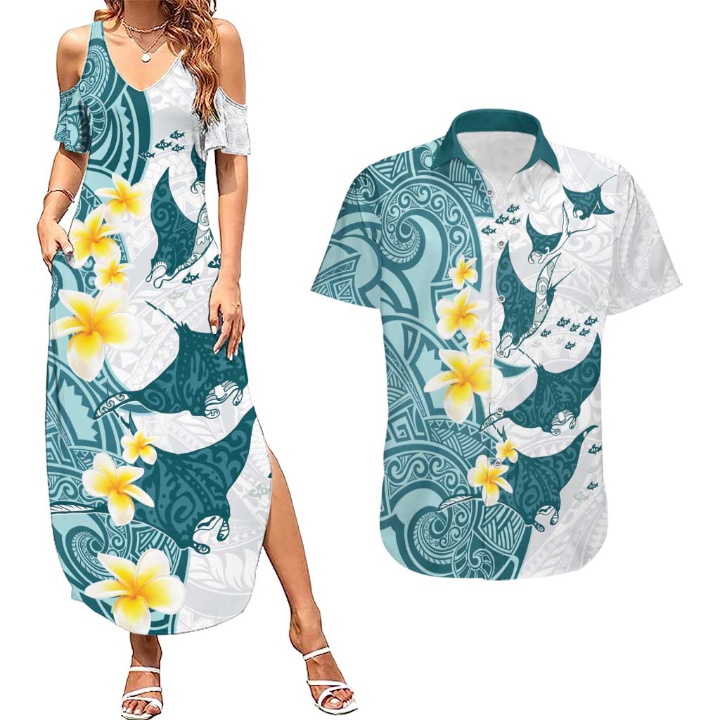 Maori Manta Ray Plumeria Teal Couples Matching Summer Maxi Dress and Hawaiian Shirt