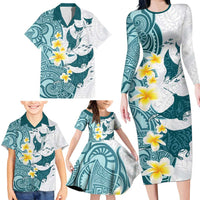 Maori Manta Ray Plumeria Teal Family Matching Long Sleeve Bodycon Dress and Hawaiian Shirt LT01 - Polynesian Pride