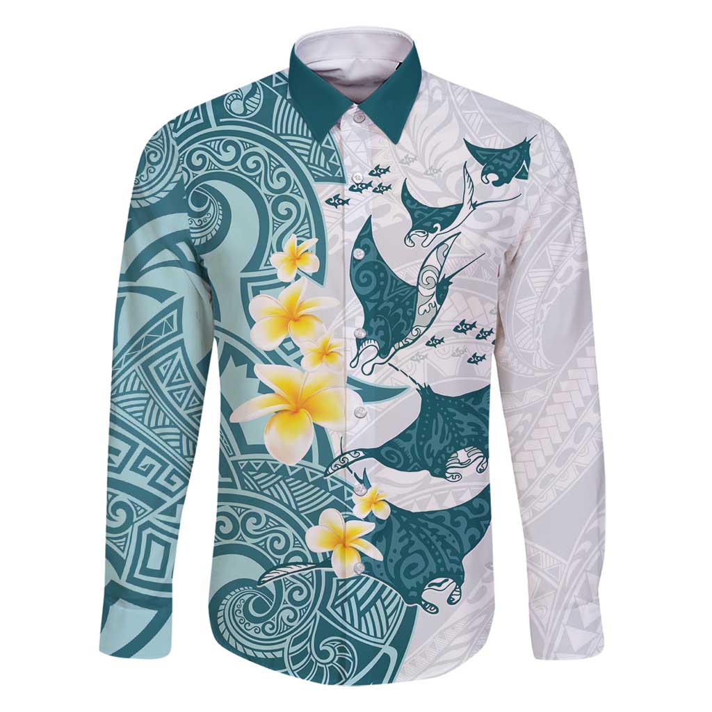 Maori Manta Ray Plumeria Teal Family Matching Long Sleeve Bodycon Dress and Hawaiian Shirt LT01 Dad's Shirt - Long Sleeve Teal - Polynesian Pride