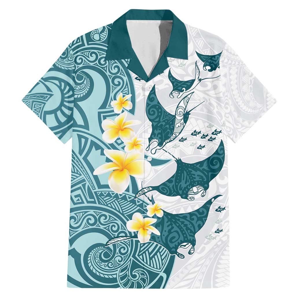 Maori Manta Ray Plumeria Teal Family Matching Mermaid Dress and Hawaiian Shirt LT01 Dad's Shirt - Short Sleeve Teal - Polynesian Pride
