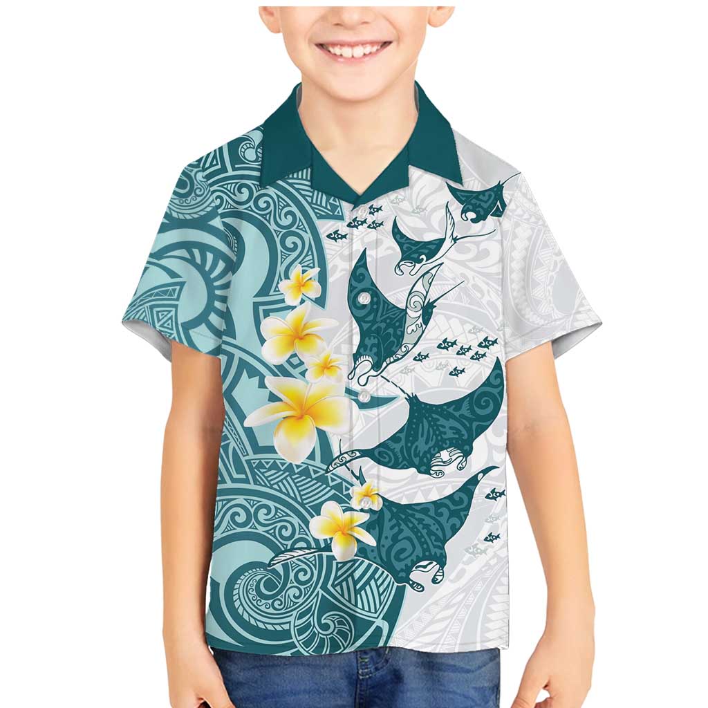 Maori Manta Ray Plumeria Teal Family Matching Mermaid Dress and Hawaiian Shirt LT01 Son's Shirt Teal - Polynesian Pride