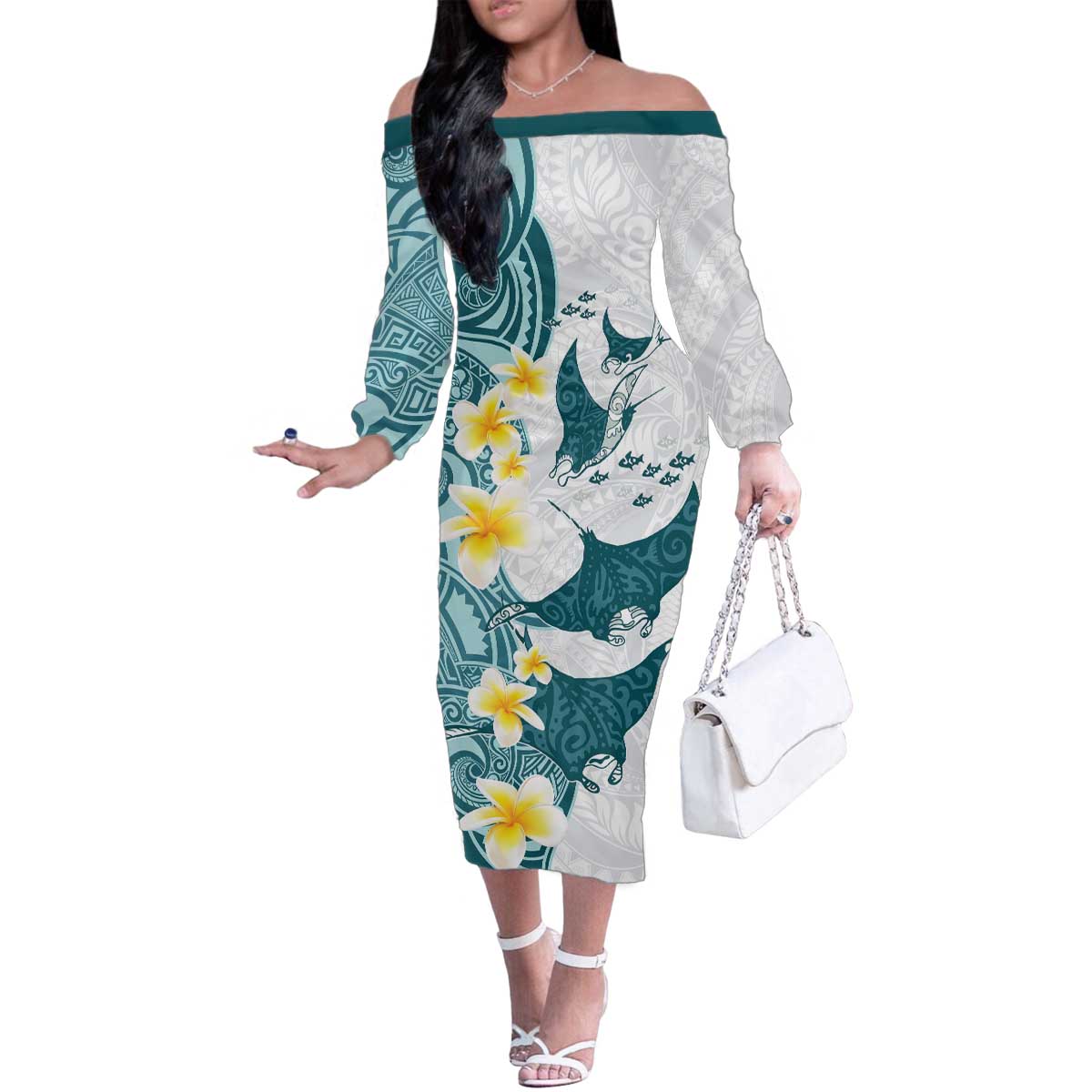Maori Manta Ray Plumeria Teal Family Matching Off The Shoulder Long Sleeve Dress and Hawaiian Shirt LT01 Mom's Dress Teal - Polynesian Pride