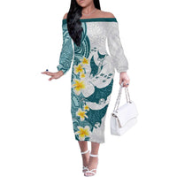 Maori Manta Ray Plumeria Teal Family Matching Off The Shoulder Long Sleeve Dress and Hawaiian Shirt LT01 Mom's Dress Teal - Polynesian Pride