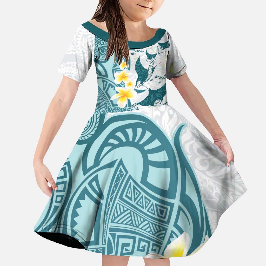 Maori Manta Ray Plumeria Teal Family Matching Off Shoulder Maxi Dress and Hawaiian Shirt LT01 Daughter's Dress Teal - Polynesian Pride
