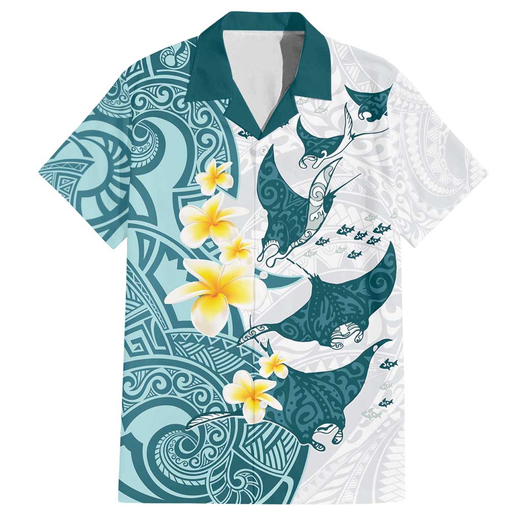 Maori Manta Ray Plumeria Teal Family Matching Off Shoulder Maxi Dress and Hawaiian Shirt LT01 Dad's Shirt - Short Sleeve Teal - Polynesian Pride