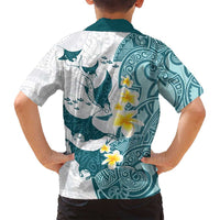 Maori Manta Ray Plumeria Teal Family Matching Off Shoulder Short Dress and Hawaiian Shirt LT01 - Polynesian Pride