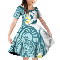 Maori Manta Ray Plumeria Teal Family Matching Off Shoulder Short Dress and Hawaiian Shirt LT01 Daughter's Dress Teal - Polynesian Pride