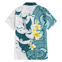 Maori Manta Ray Plumeria Teal Family Matching Off Shoulder Short Dress and Hawaiian Shirt LT01 - Polynesian Pride
