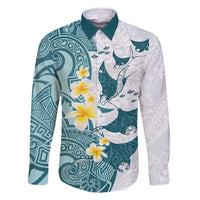Maori Manta Ray Plumeria Teal Family Matching Off Shoulder Short Dress and Hawaiian Shirt LT01 Dad's Shirt - Long Sleeve Teal - Polynesian Pride