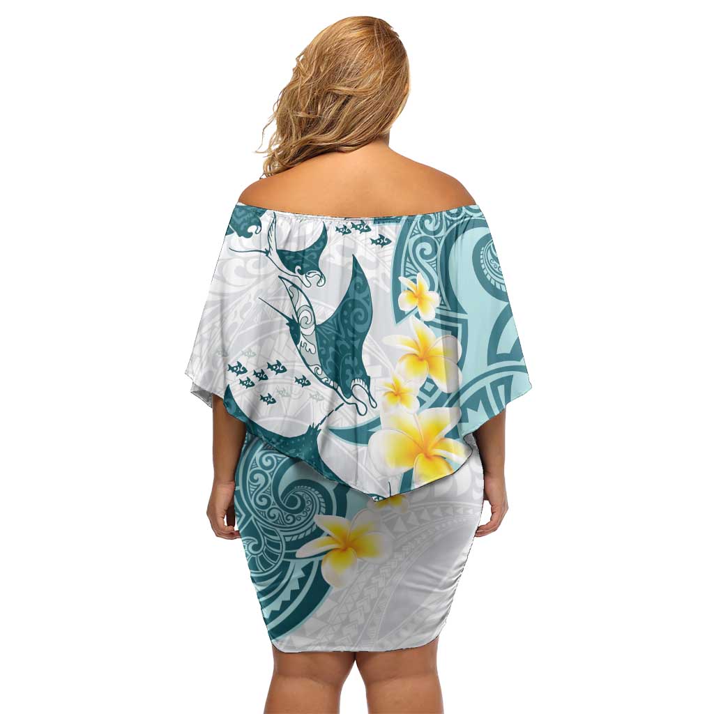 Maori Manta Ray Plumeria Teal Family Matching Off Shoulder Short Dress and Hawaiian Shirt LT01 - Polynesian Pride