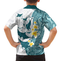 Maori Manta Ray Plumeria Teal Family Matching Short Sleeve Bodycon Dress and Hawaiian Shirt LT01 - Polynesian Pride