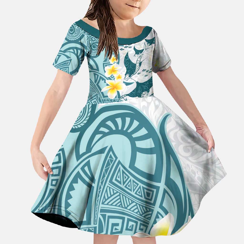 Maori Manta Ray Plumeria Teal Family Matching Tank Maxi Dress and Hawaiian Shirt LT01 Daughter's Dress Teal - Polynesian Pride