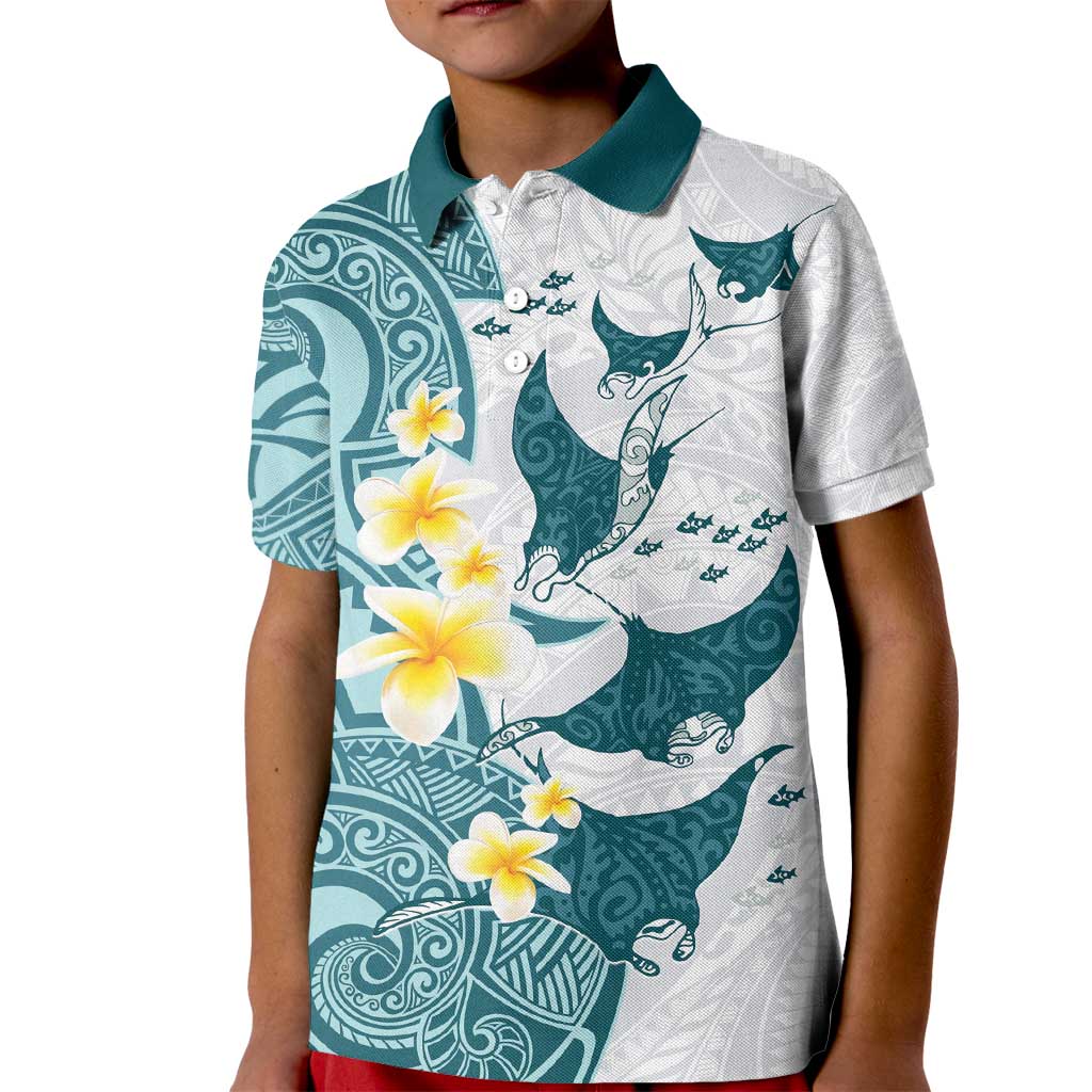 Maori Manta Ray Plumeria Teal Kid Polo Shirt