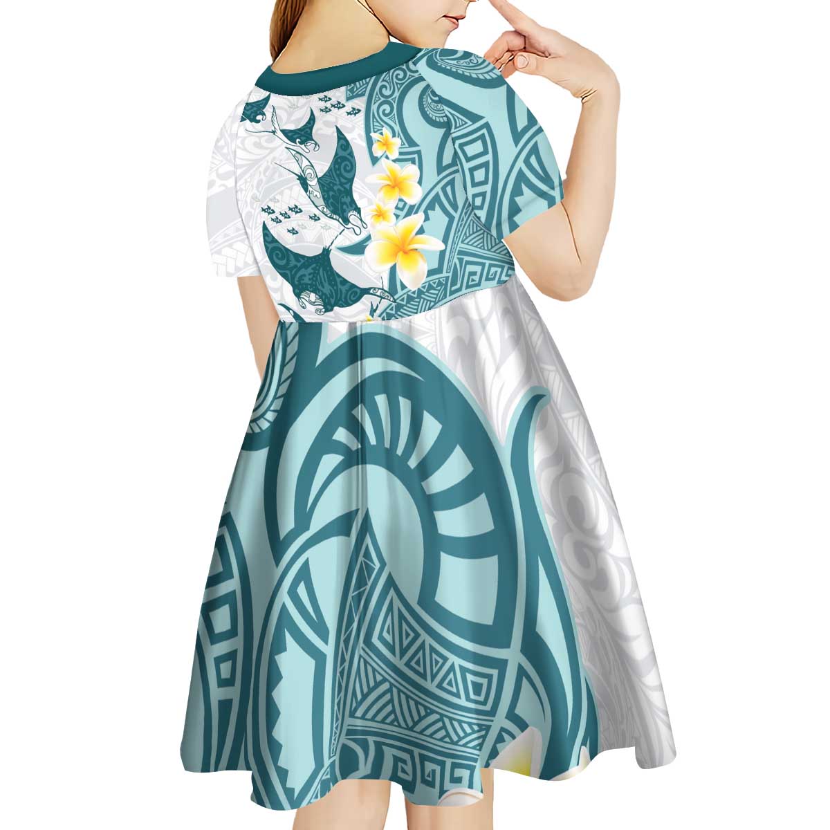 Maori Manta Ray Plumeria Teal Kid Short Sleeve Dress LT01 - Polynesian Pride