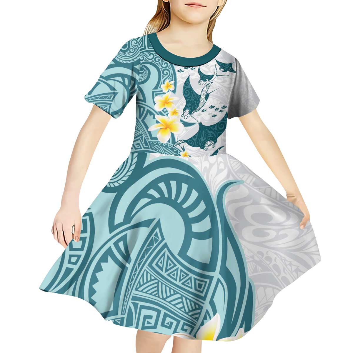 Maori Manta Ray Plumeria Teal Kid Short Sleeve Dress LT01 - Polynesian Pride