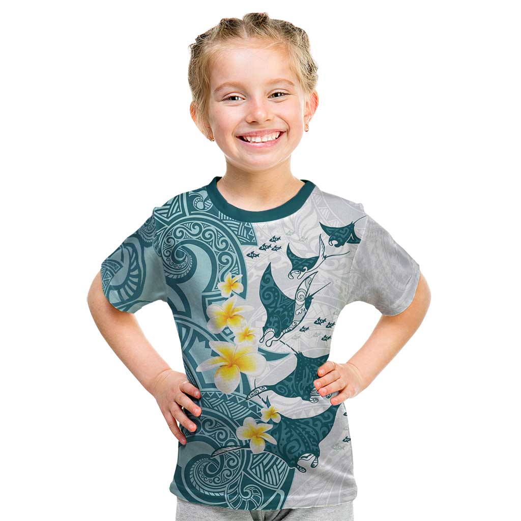 Maori Manta Ray Plumeria Teal Kid T Shirt