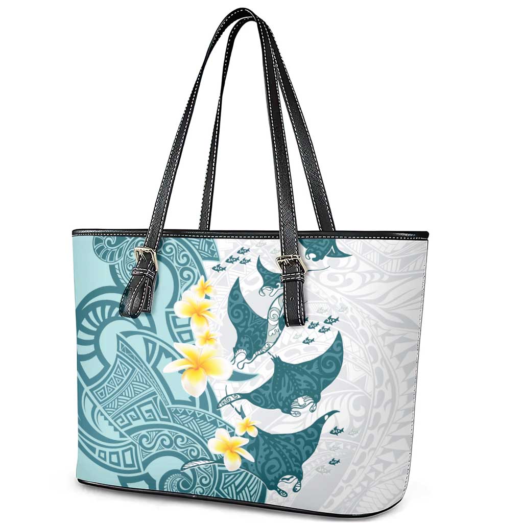 Maori Manta Ray Plumeria Teal Leather Tote Bag