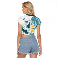 Maori Manta Ray Plumeria Teal Raglan Cropped T Shirt